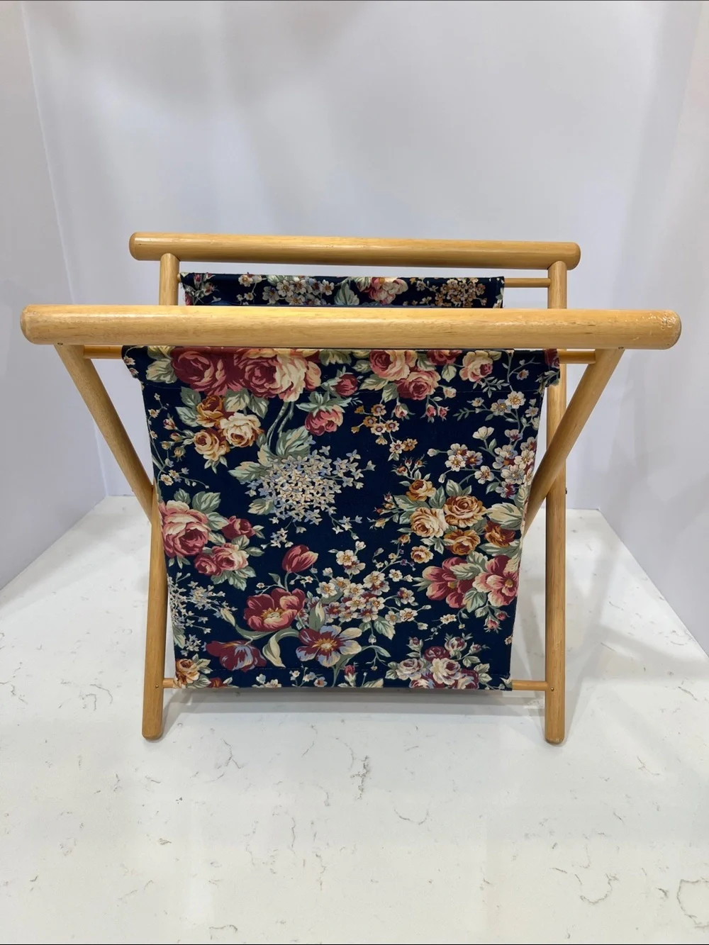 Vintage Foldable Wooden Sewing Basket Floral Knitting Craft Storage Caddy